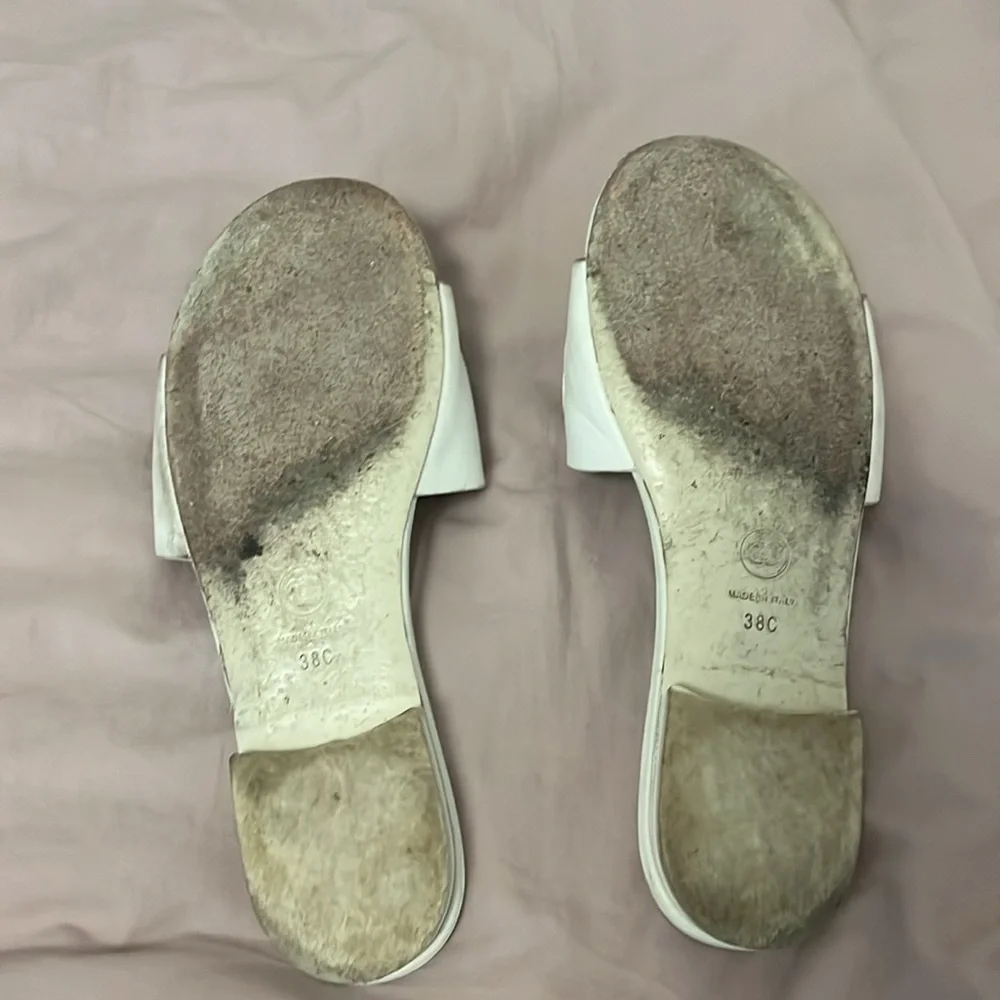 CHANEL White Slides with Black Lettering